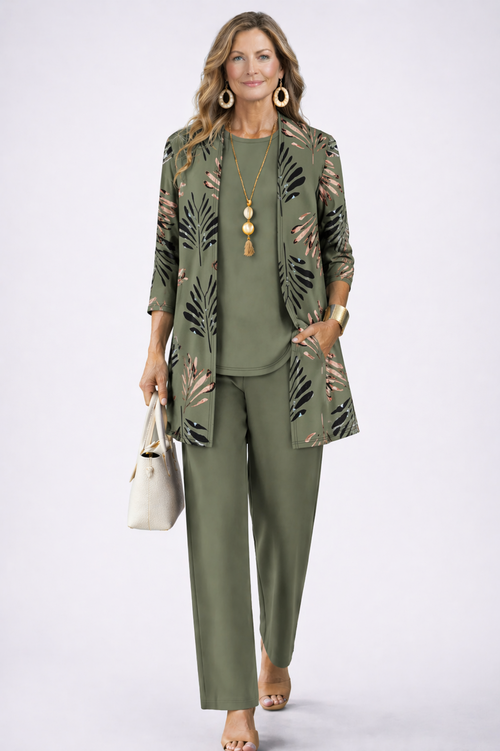 Anna – Printed Long Cardigan Three-Piece Set