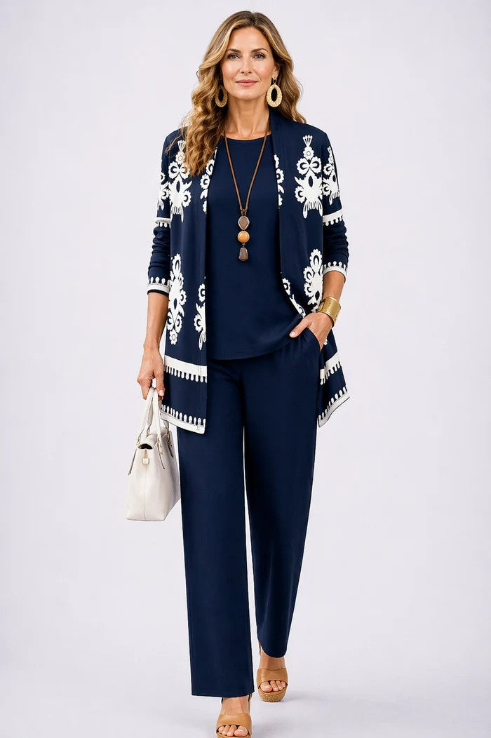 Anna – Printed Long Cardigan Three-Piece Set