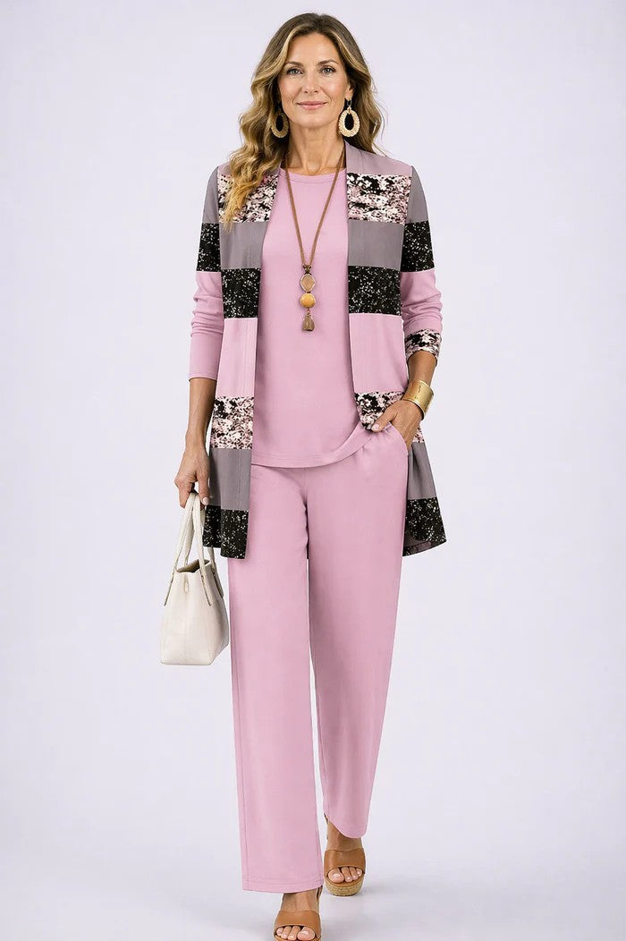 Anna – Printed Long Cardigan Three-Piece Set
