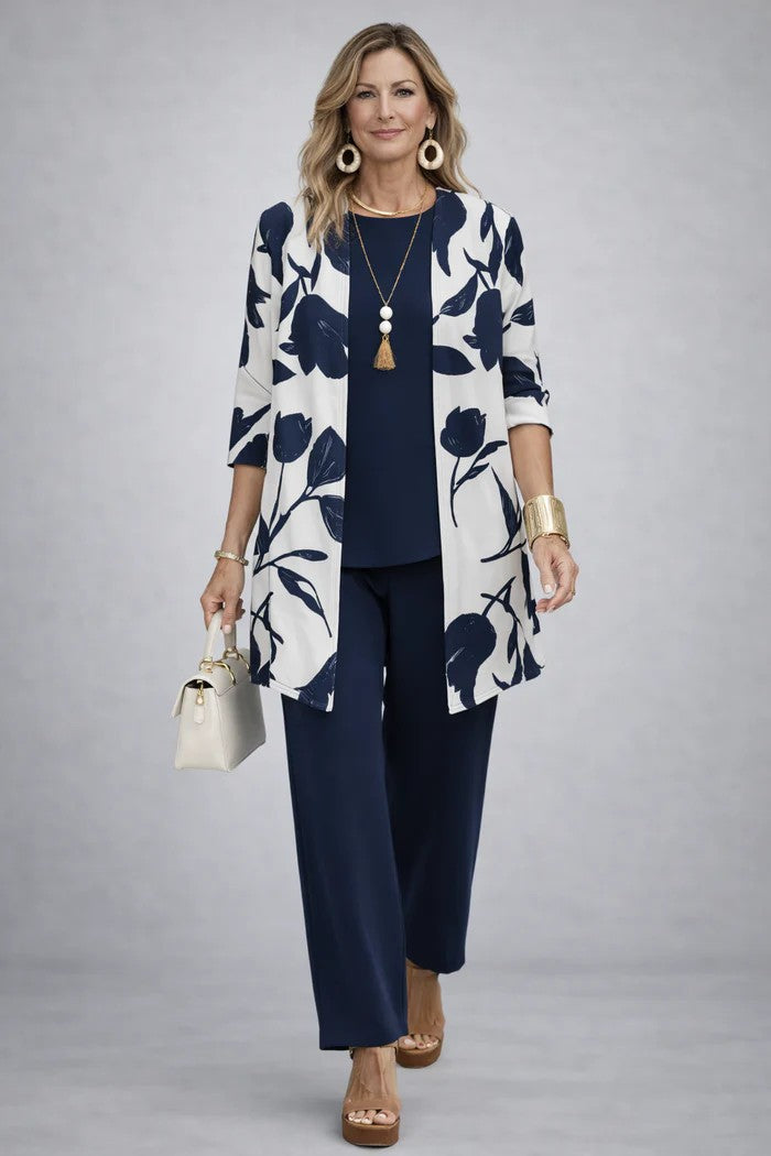 Anna – Printed Long Cardigan Three-Piece Set