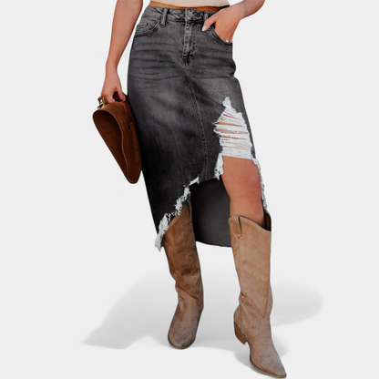 Martha – Distressed Denim Midi Skirt