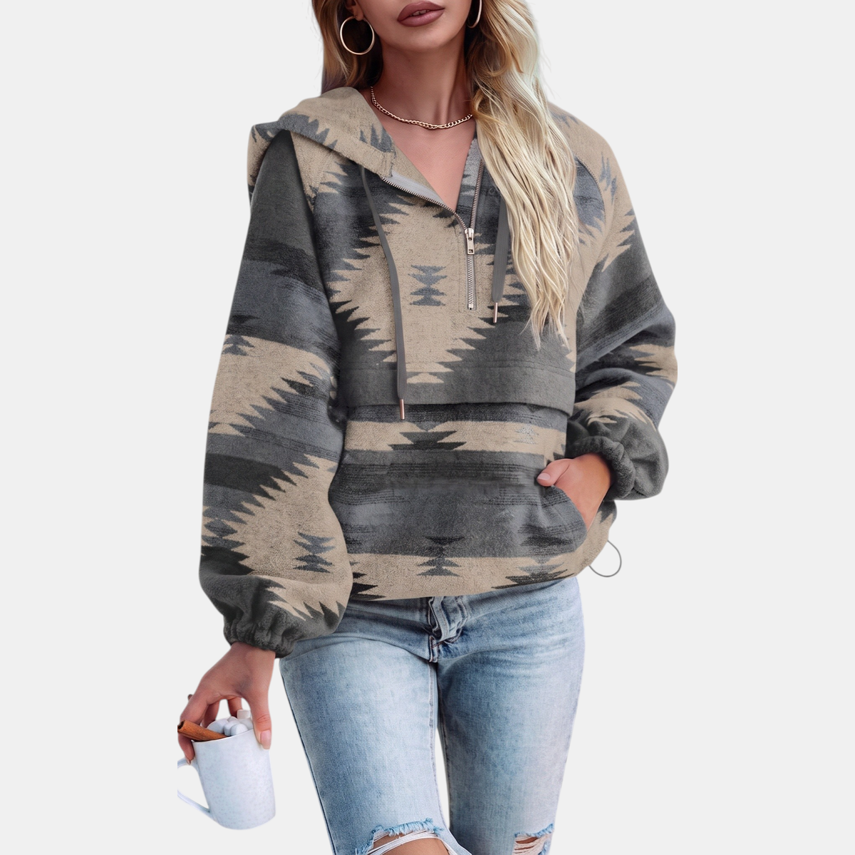 Jane – Aztec Print Quarter-Zip Oversized Hoodie