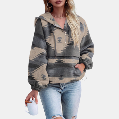 Jane – Aztec Print Quarter-Zip Oversized Hoodie