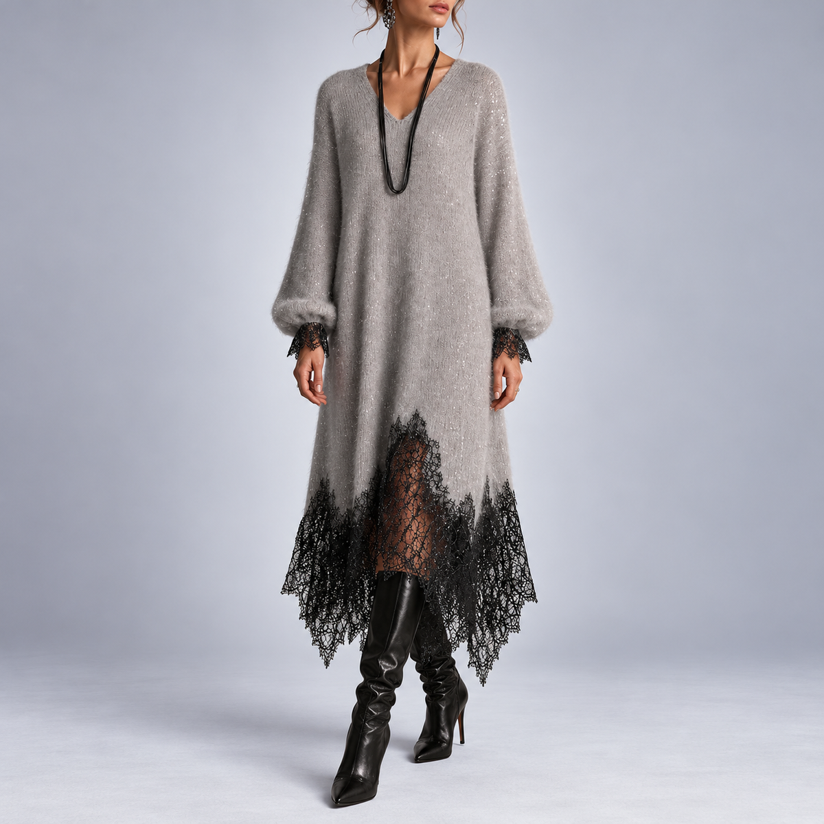 Diana – Knit Lace-Trim Midi Dress