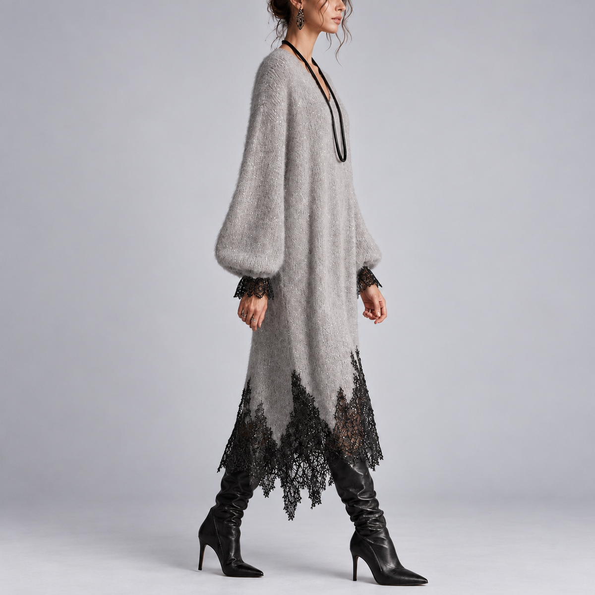 Diana – Knit Lace-Trim Midi Dress