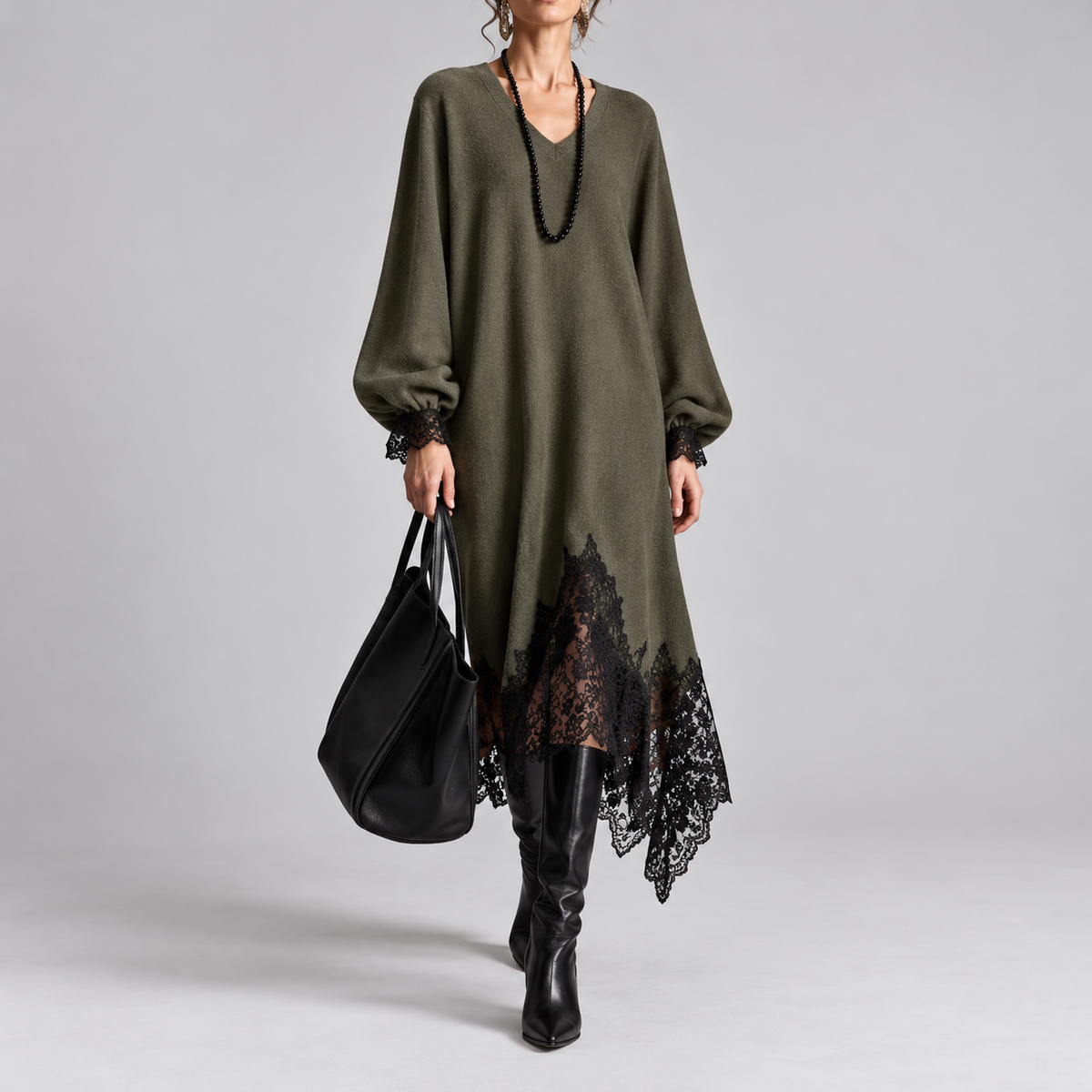 Diana – Knit Lace-Trim Midi Dress