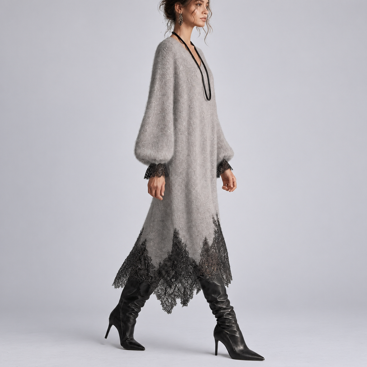 Diana – Knit Lace-Trim Midi Dress