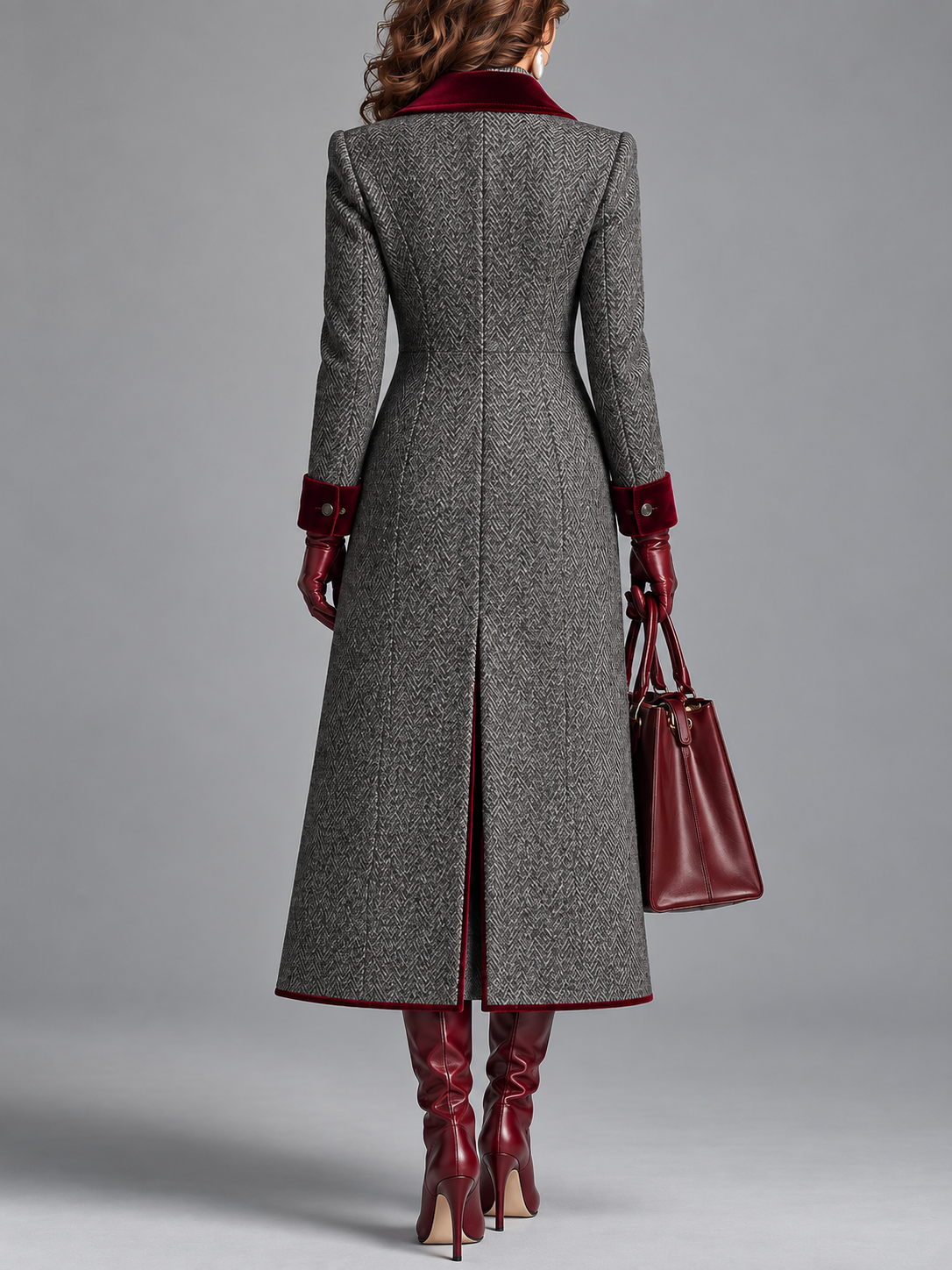 Patricia – Herringbone Longline Coat with Velvet Trim