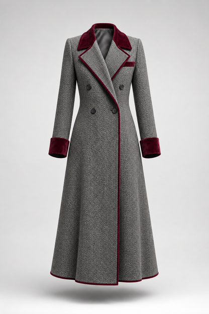Patricia – Herringbone Longline Coat with Velvet Trim