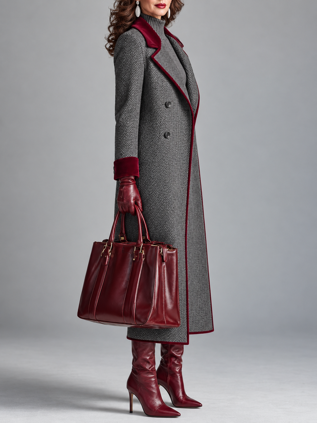 Patricia – Herringbone Longline Coat with Velvet Trim