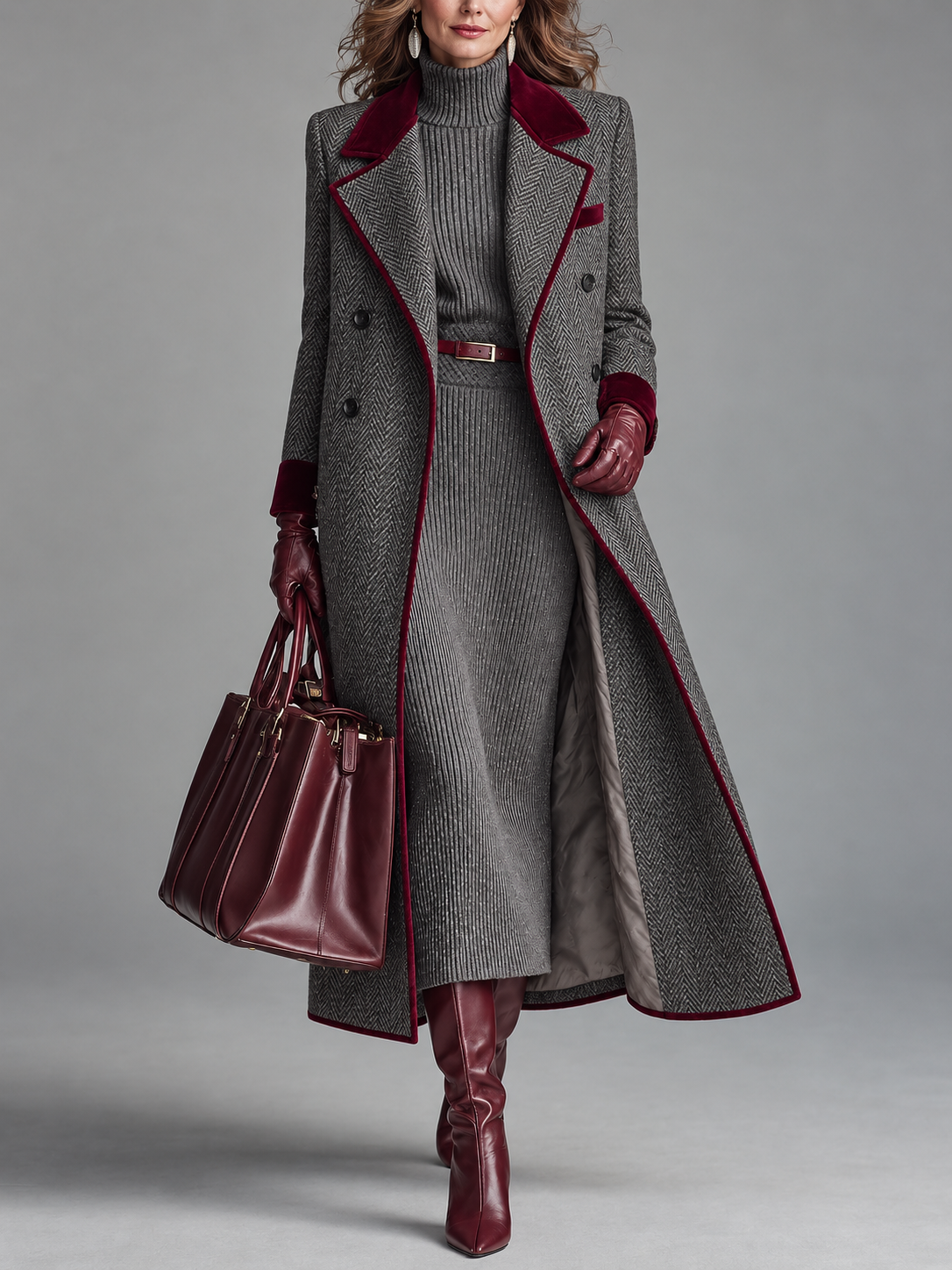 Patricia – Herringbone Longline Coat with Velvet Trim