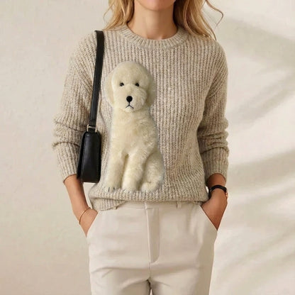 Charlene – Ribbed Knit Sweater with Puppy Motif