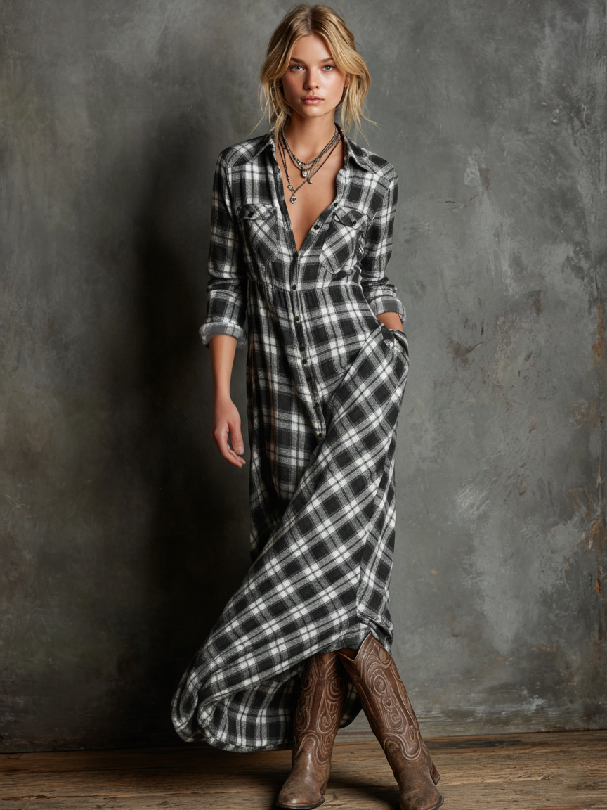 Rose – Plaid Button-Down Maxi Dress