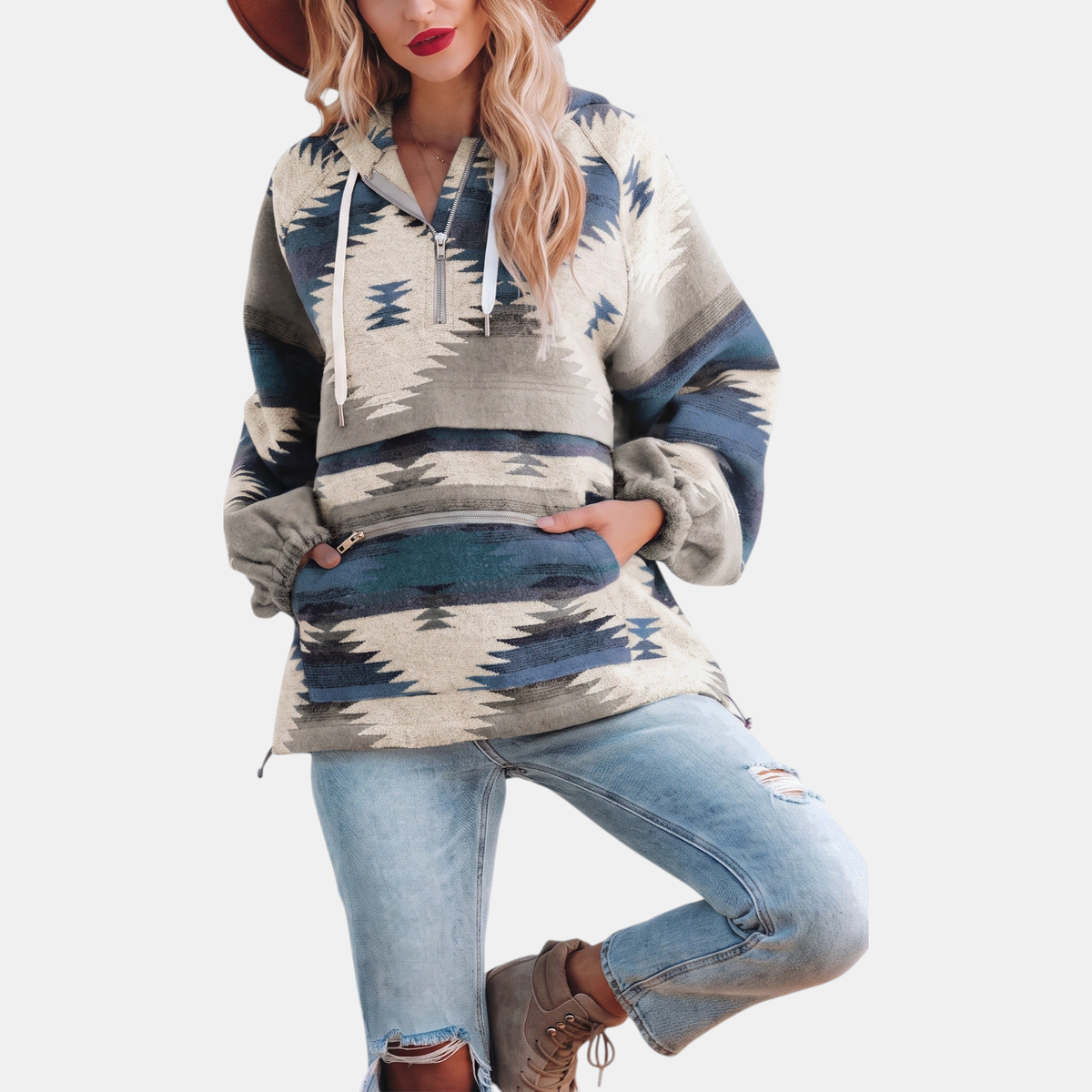 Jane – Aztec Print Quarter-Zip Oversized Hoodie
