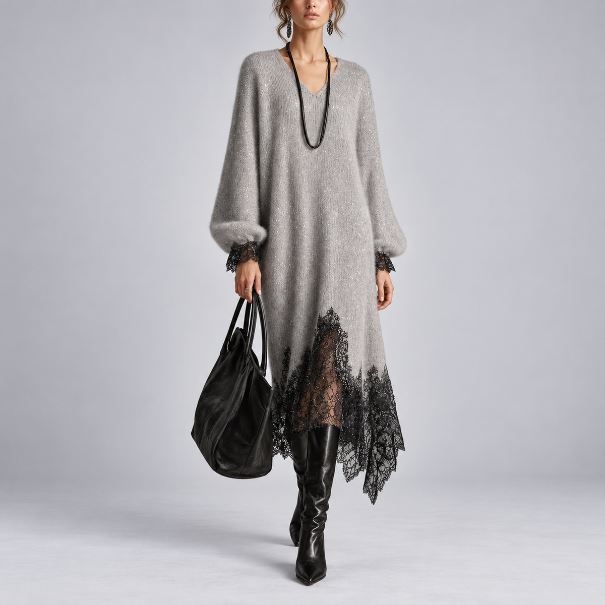 Diana – Knit Lace-Trim Midi Dress