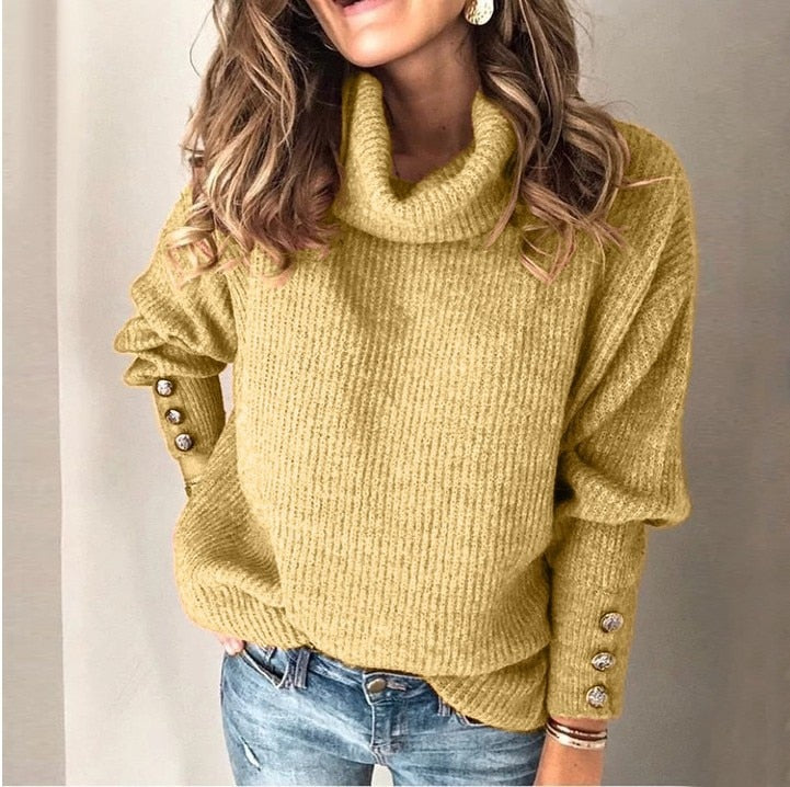 Brenda – Turtleneck Sweater with Button Sleeve Detail