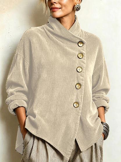 Cynthia – Ribbed Diagonal-Button Wrap Top