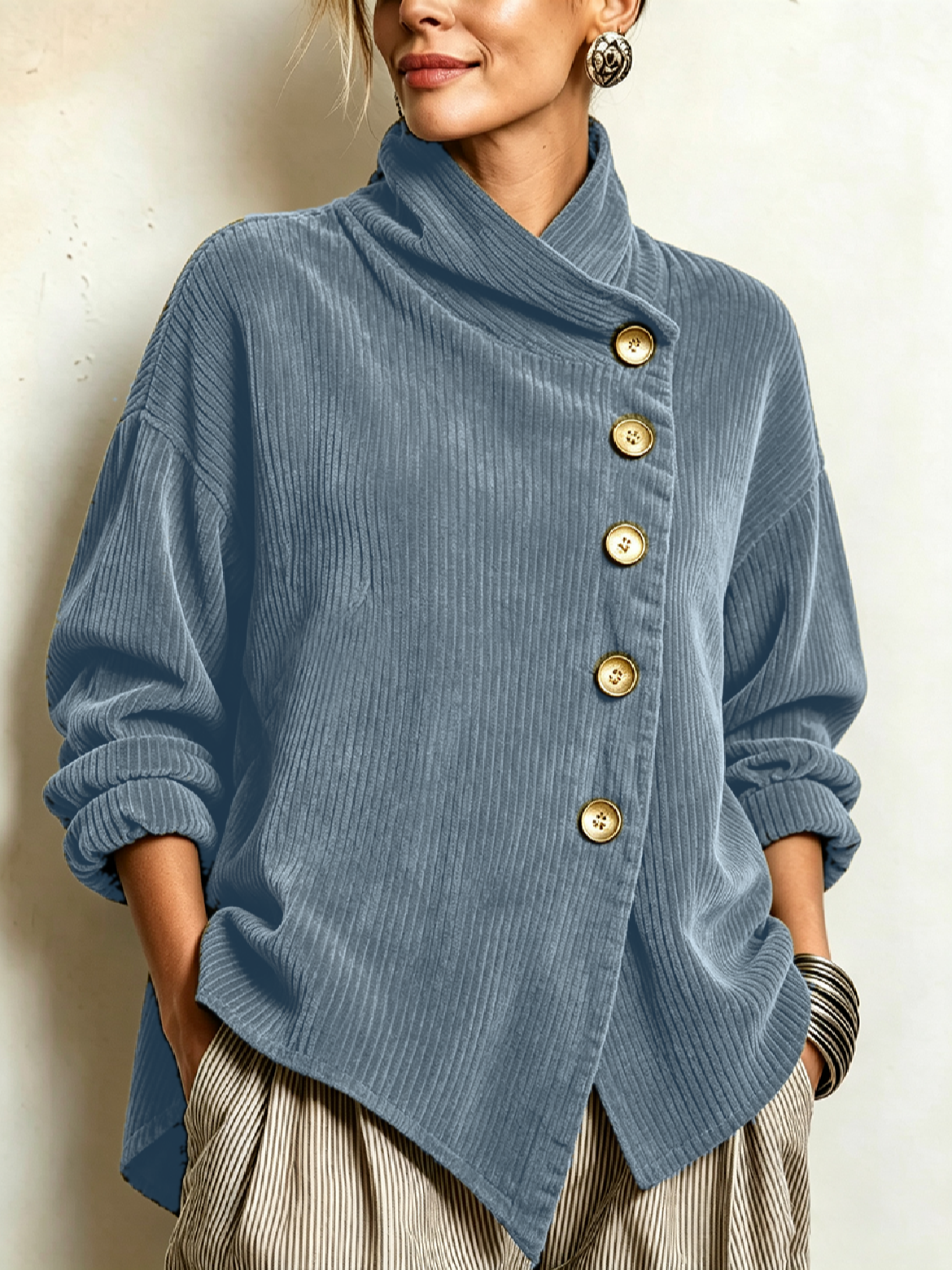 Cynthia – Ribbed Diagonal-Button Wrap Top