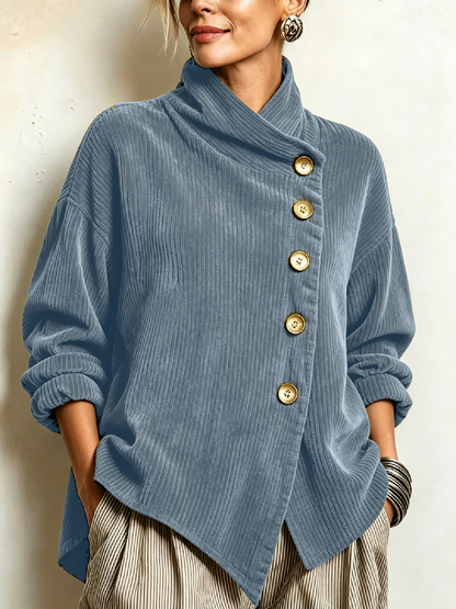 Cynthia – Ribbed Diagonal-Button Wrap Top