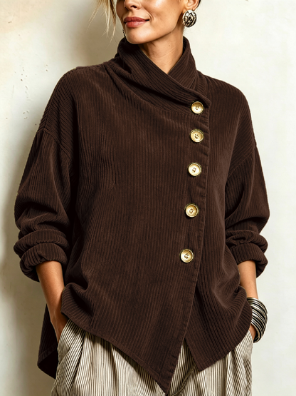 Cynthia – Ribbed Diagonal-Button Wrap Top