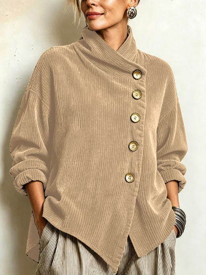 Cynthia – Ribbed Diagonal-Button Wrap Top