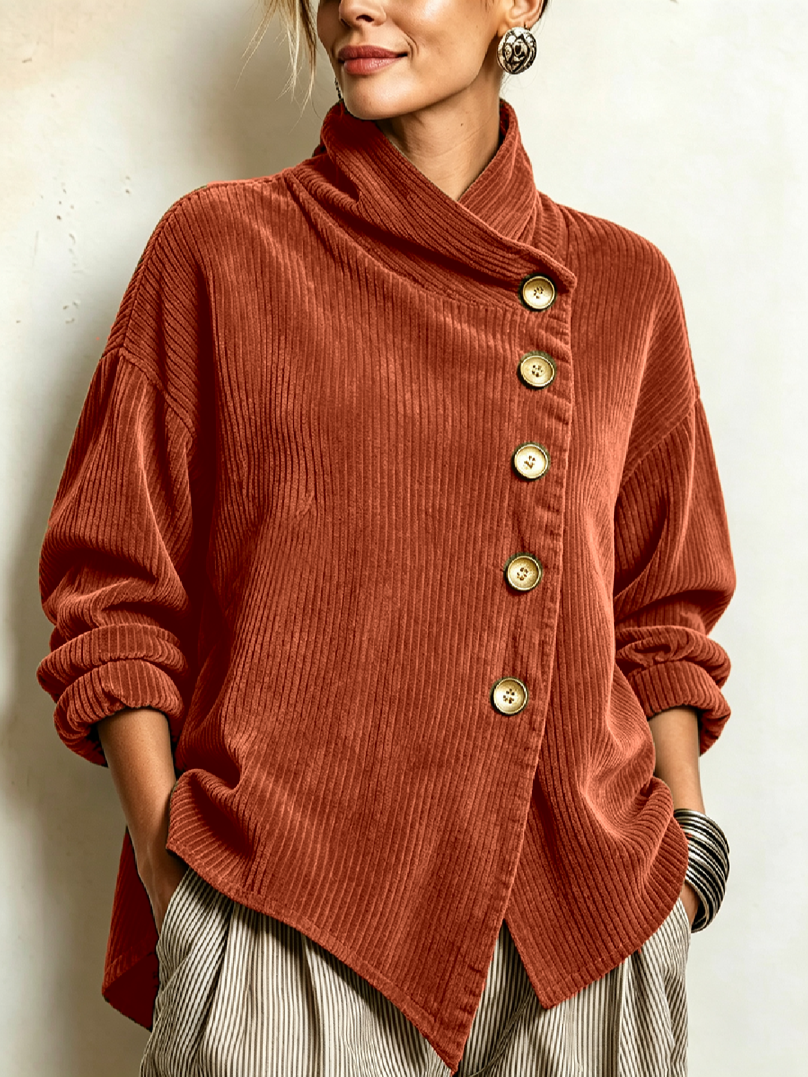 Cynthia – Ribbed Diagonal-Button Wrap Top