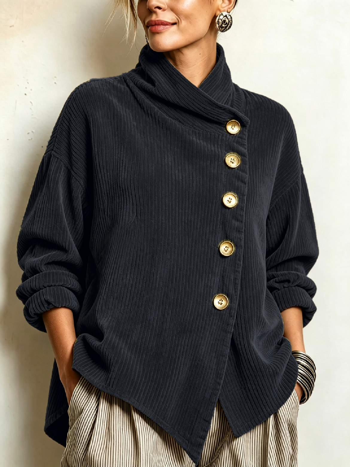 Cynthia – Ribbed Diagonal-Button Wrap Top