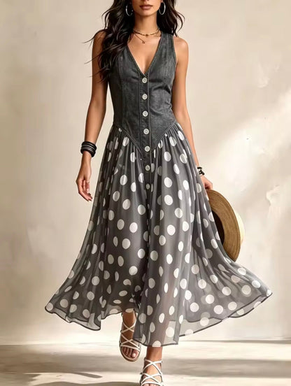 Rosemary – Denim Bodice Polka-Dot Midi Dress