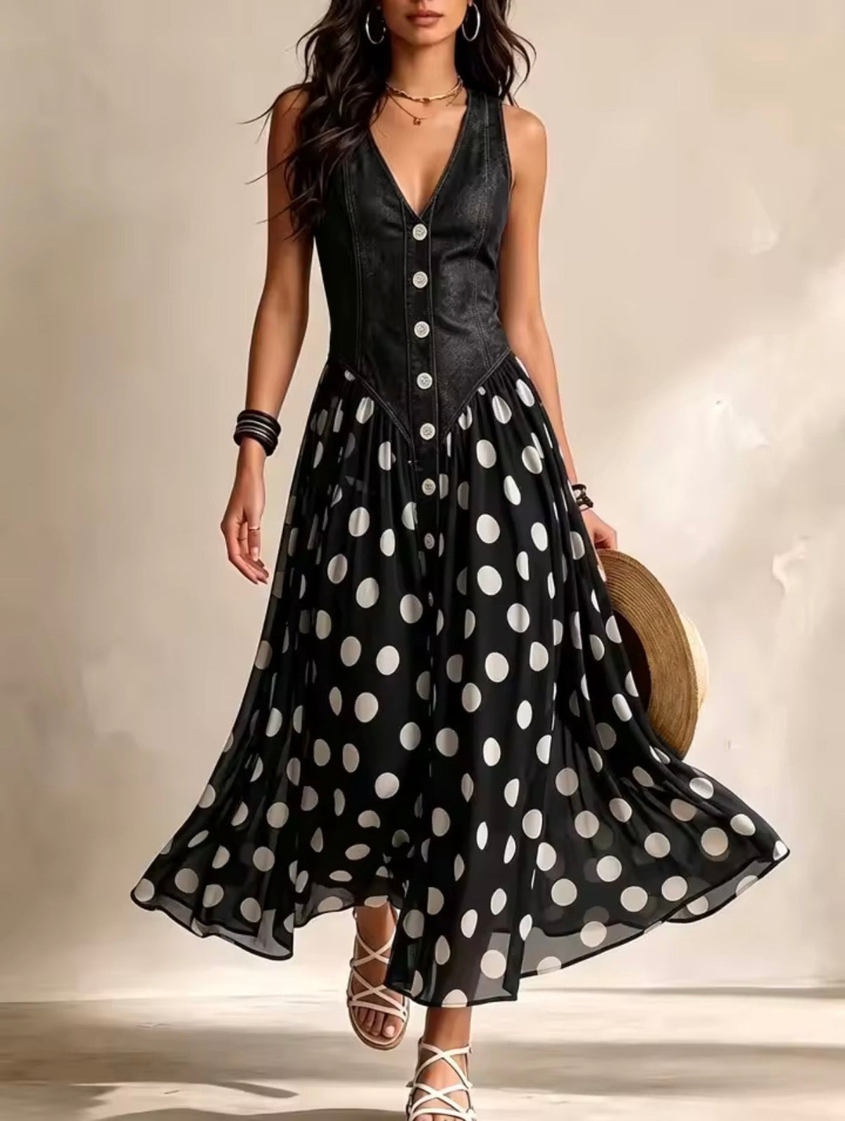 Rosemary – Denim Bodice Polka-Dot Midi Dress