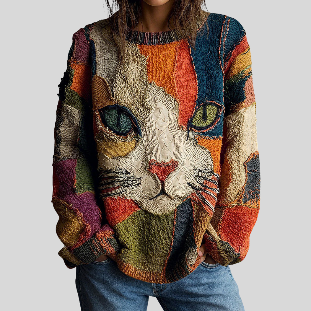 Tammy – Artistic Cat Patchwork Knit Sweater
