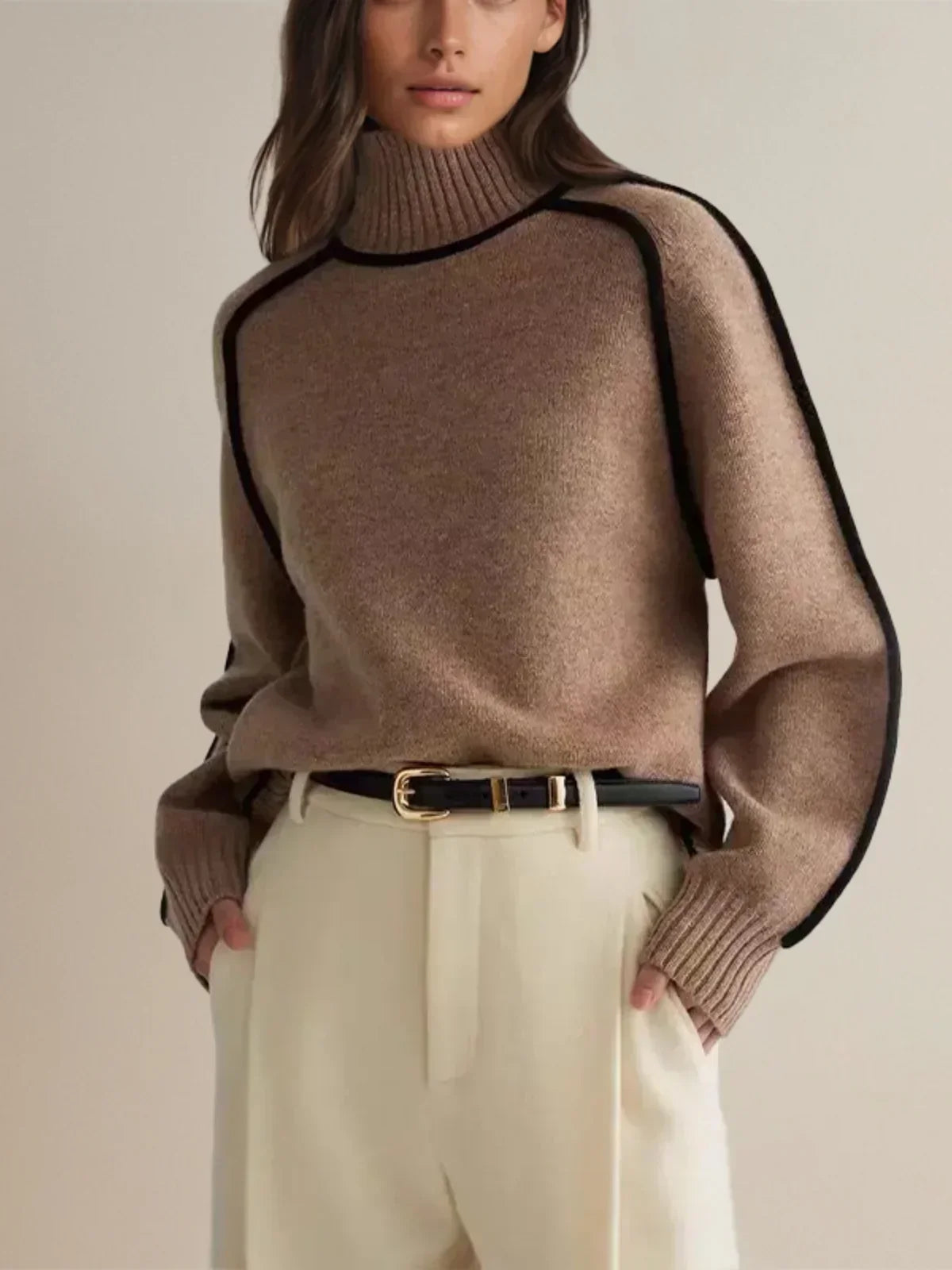 Amy – Contrast Piped Turtleneck Sweater