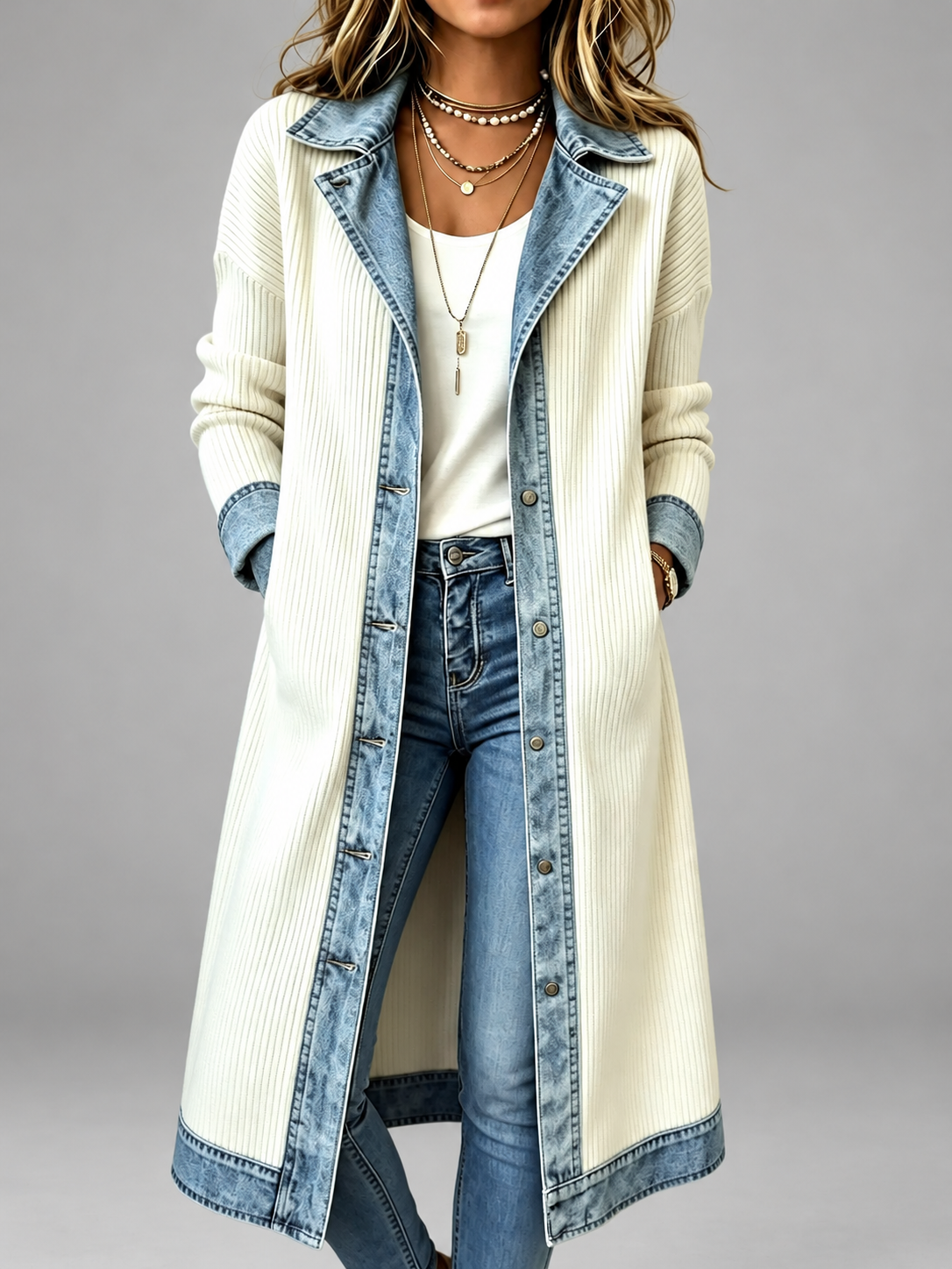 Rita – Longline Ribbed Knit Denim-Trim Coat