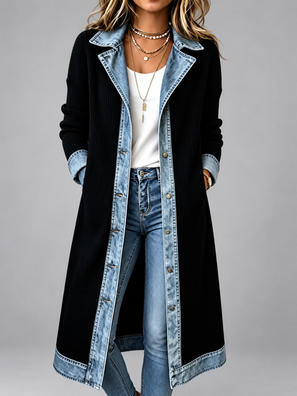 Rita – Longline Ribbed Knit Denim-Trim Coat