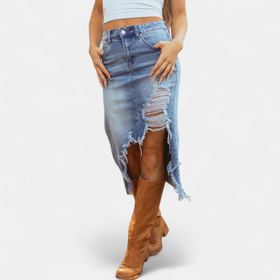 Martha – Distressed Denim Midi Skirt