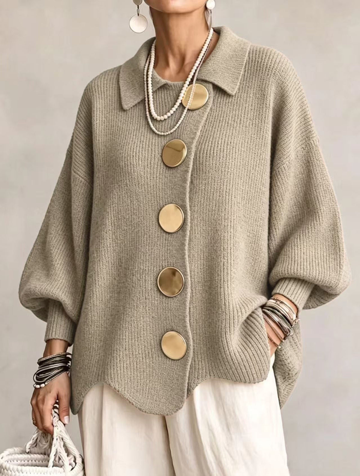 Marjorie – Oversized Knit Cardigan with Gold Buttons