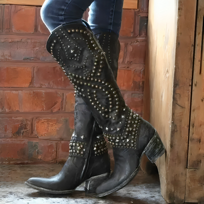 Deborah – Studded Knee-High Western Boots