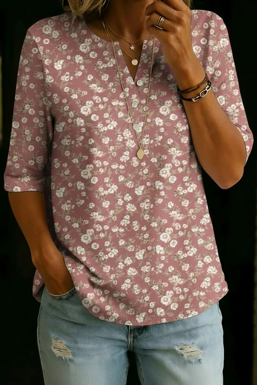 Gabriella | Dusty Pink Floral Henley Top
