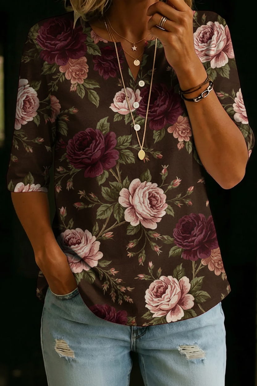 Maureen | Brown Rose Henley Top