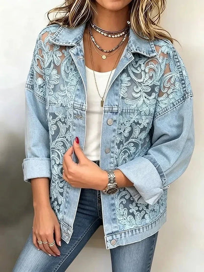 Vivien – Floral Lace Panel Denim Jacket