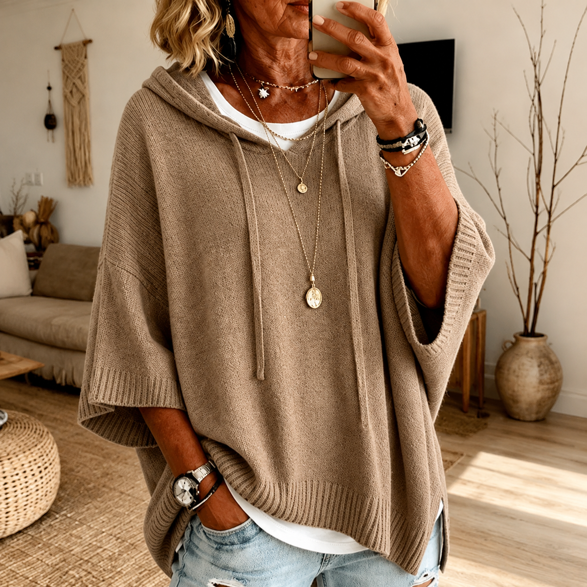 Tania – Hooded Poncho Knit Sweater