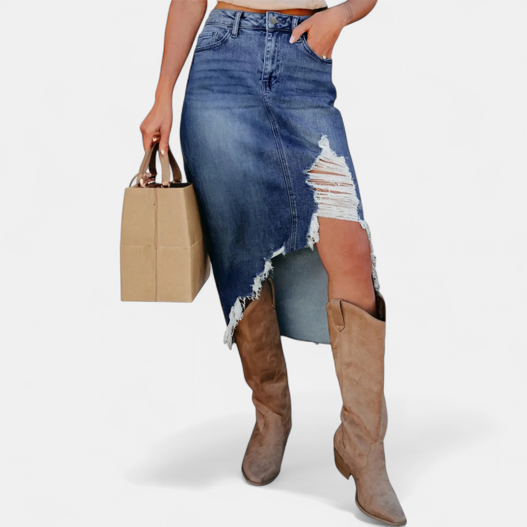 Martha – Distressed Denim Midi Skirt