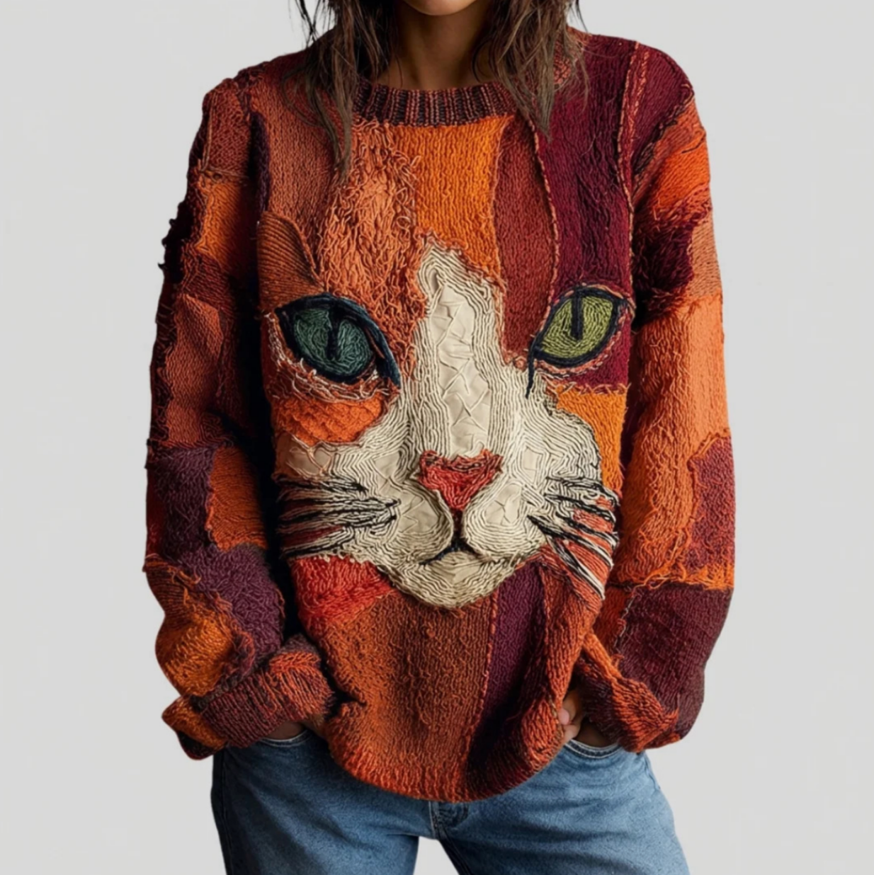 Angela – Artistic Cat Print Statement Sweater