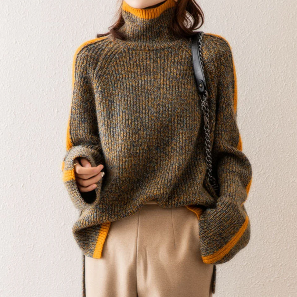 Mary – Turtleneck Contrast Trim Knit Sweater