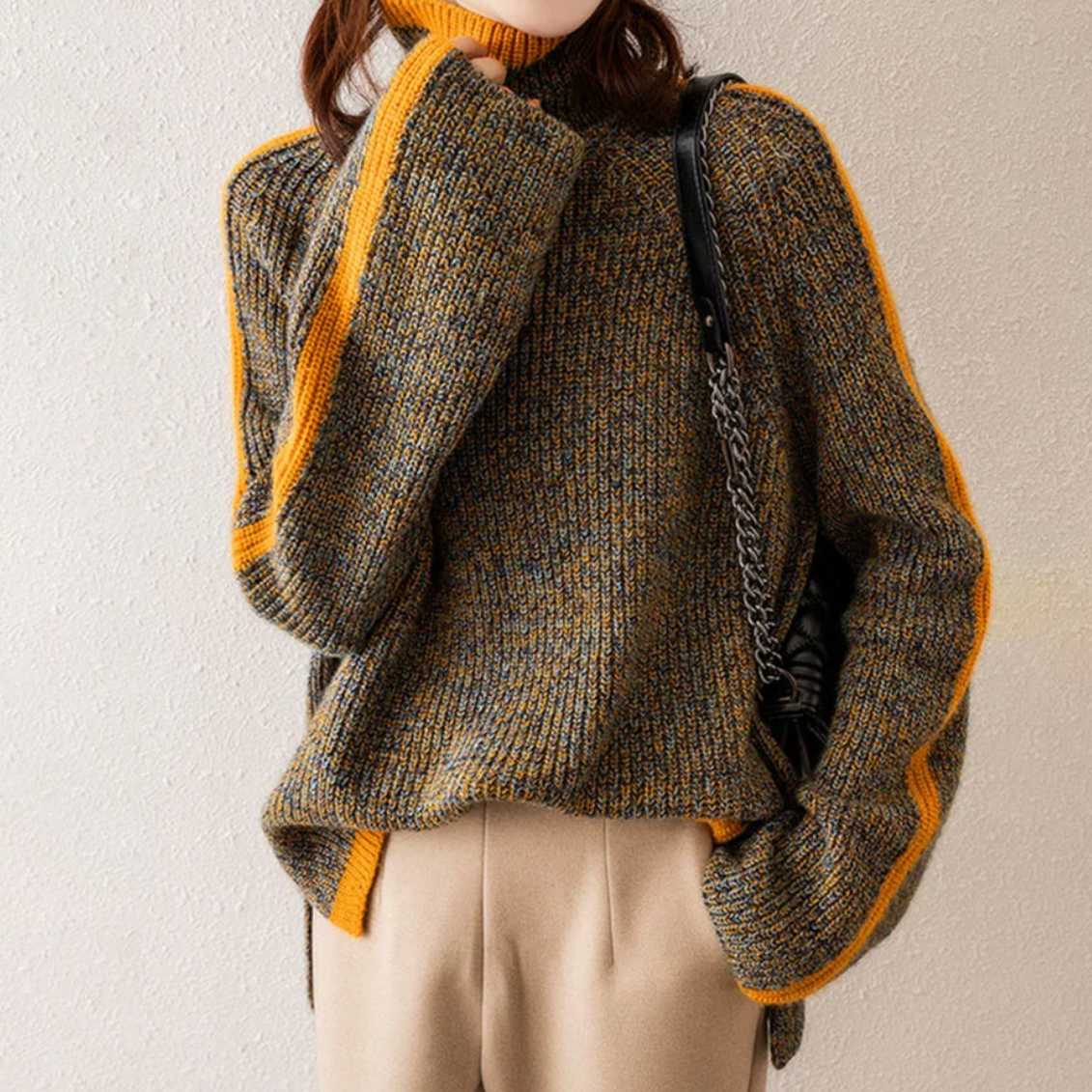Mary – Turtleneck Contrast Trim Knit Sweater