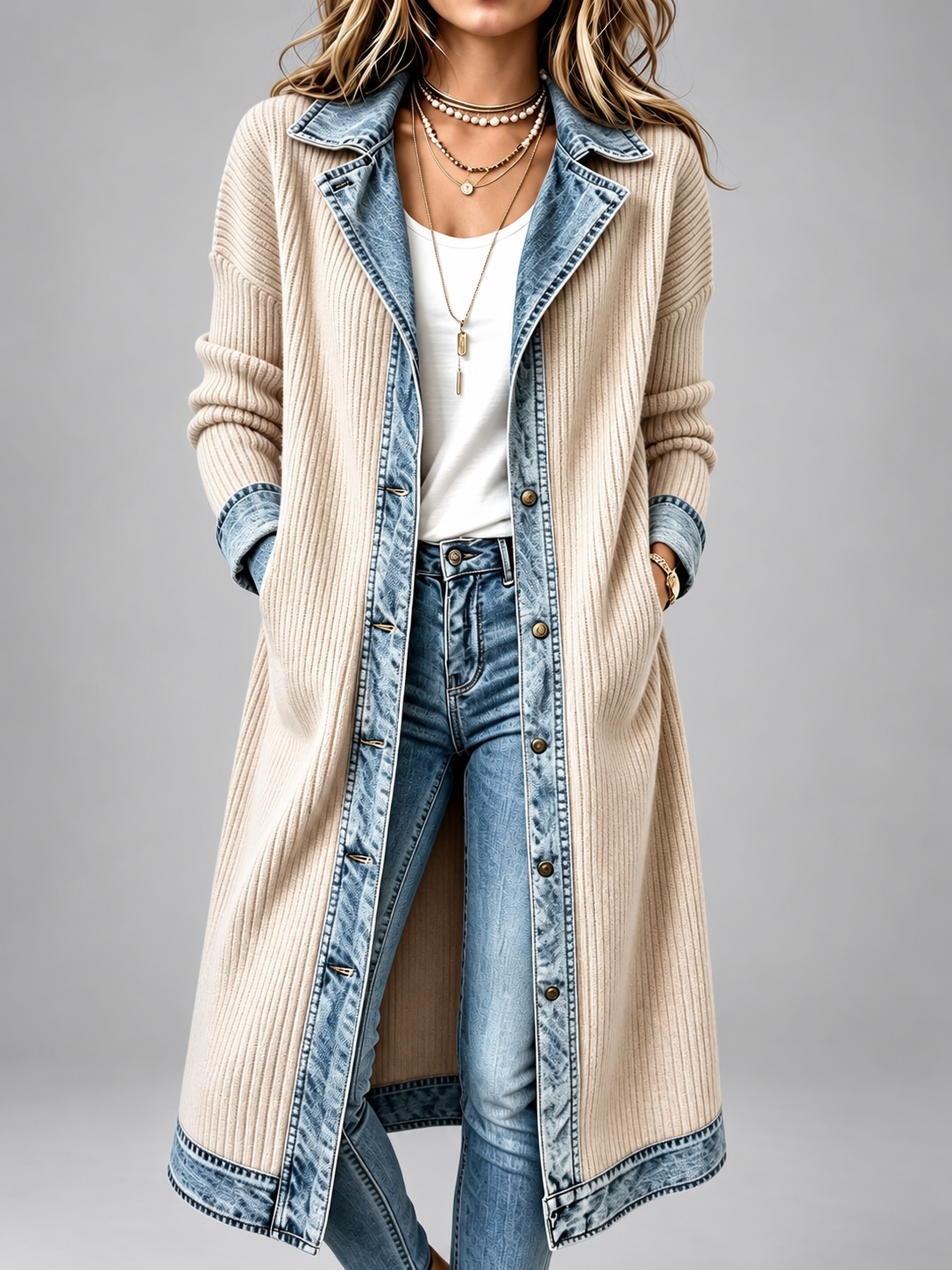 Rita – Longline Ribbed Knit Denim-Trim Coat