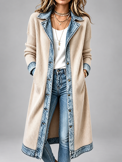 Rita – Longline Ribbed Knit Denim-Trim Coat