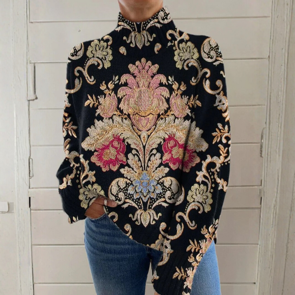 Karen – Baroque Floral Mock-Neck Sweater
