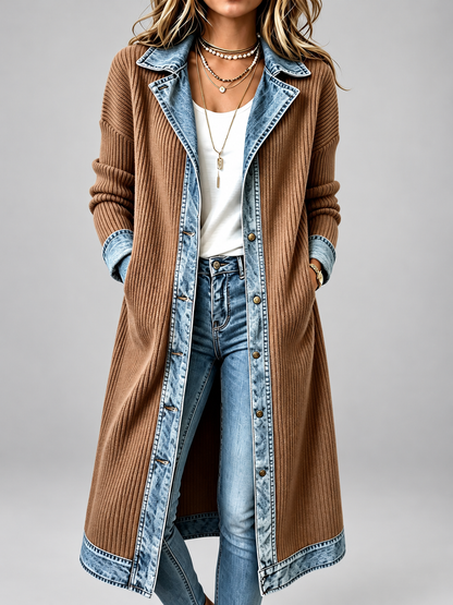 Rita – Longline Ribbed Knit Denim-Trim Coat
