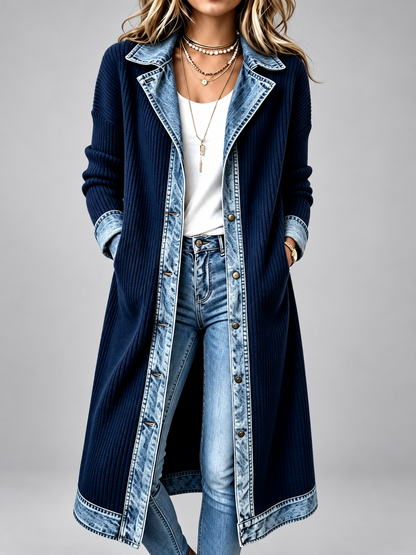 Rita – Longline Ribbed Knit Denim-Trim Coat