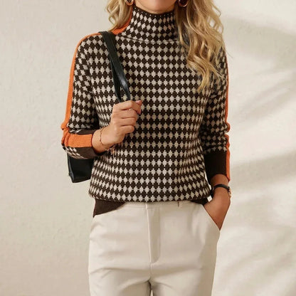 Sheila – Houndstooth Turtleneck Knit Sweater